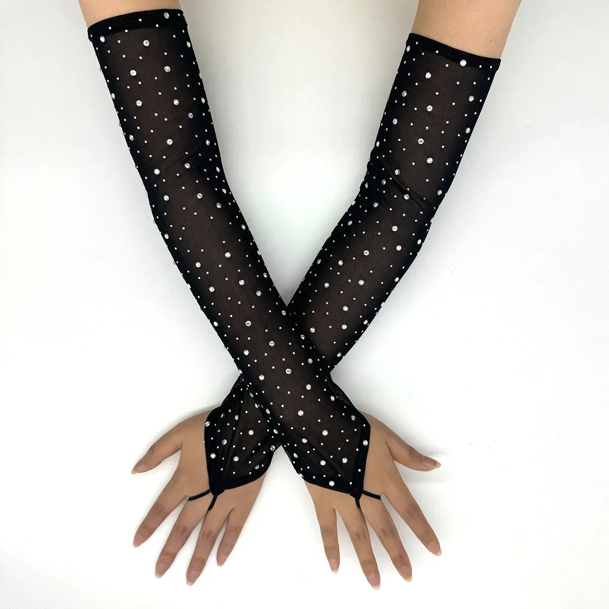 

New Fashion Flash Drill Hook Finger Mesh Dissipation Retro Mesh Black Stretch Gloves Electronic Music Festival Accessories