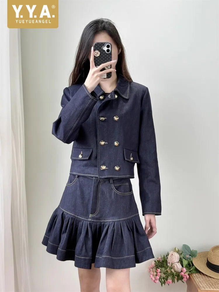 

Autumn Fashion Sweet Denim Jacket Sets Double Breasted Turndown Collar Coat Two-Piece Set Above Knee Mini Ruffles Skirt Outfits