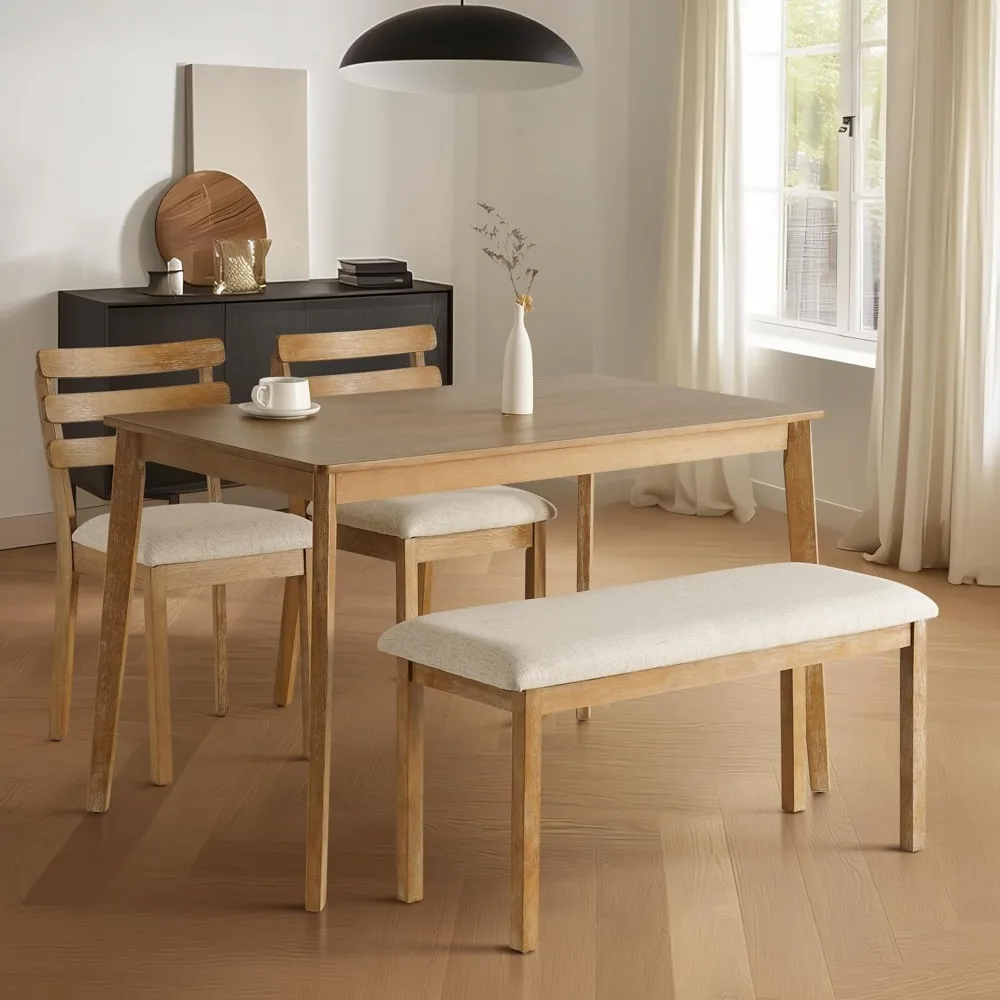 

4-Piece Farmhouse Dining Set, Wooden Table with 2 Chairs, Bench Seat, Mid-Century Modern Wooden Table & Upholstered Chair