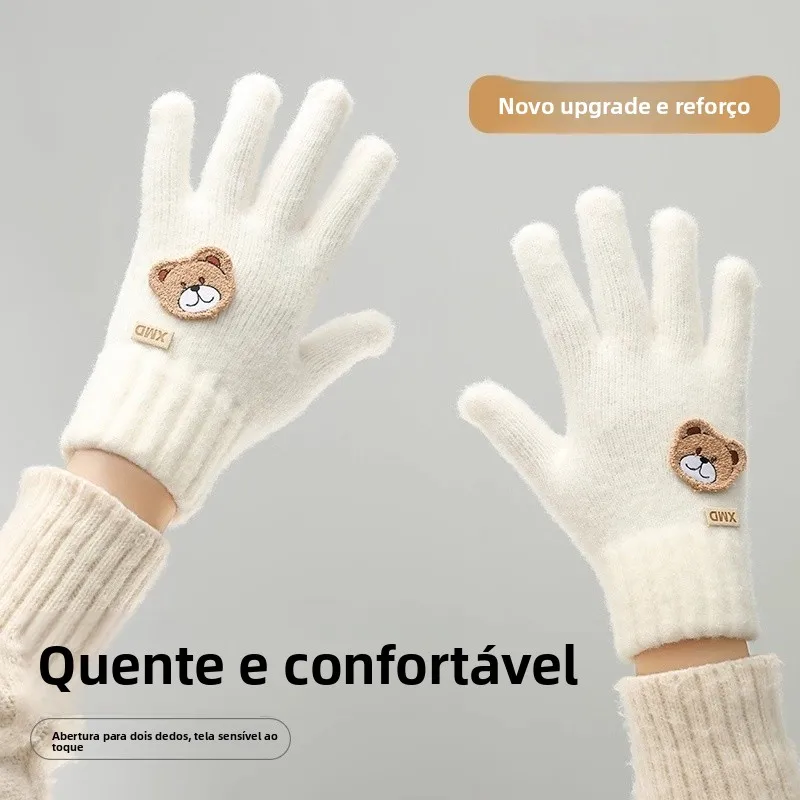 厚みのあるフリース冬用ニット手袋女性用タッチスクリーン対応サイクリング防風暖かいかわいいぬいぐるみハンドウェア