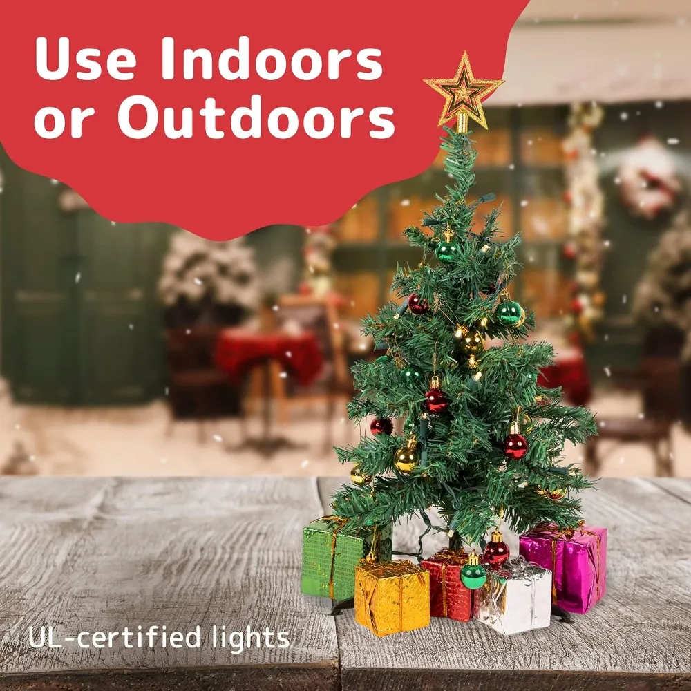 Mini árvore de Natal Prextex de 23 polegadas com luzes LED, topper de estrela, enfeites e caixas de presente - árvore de mesa ideal para mesa