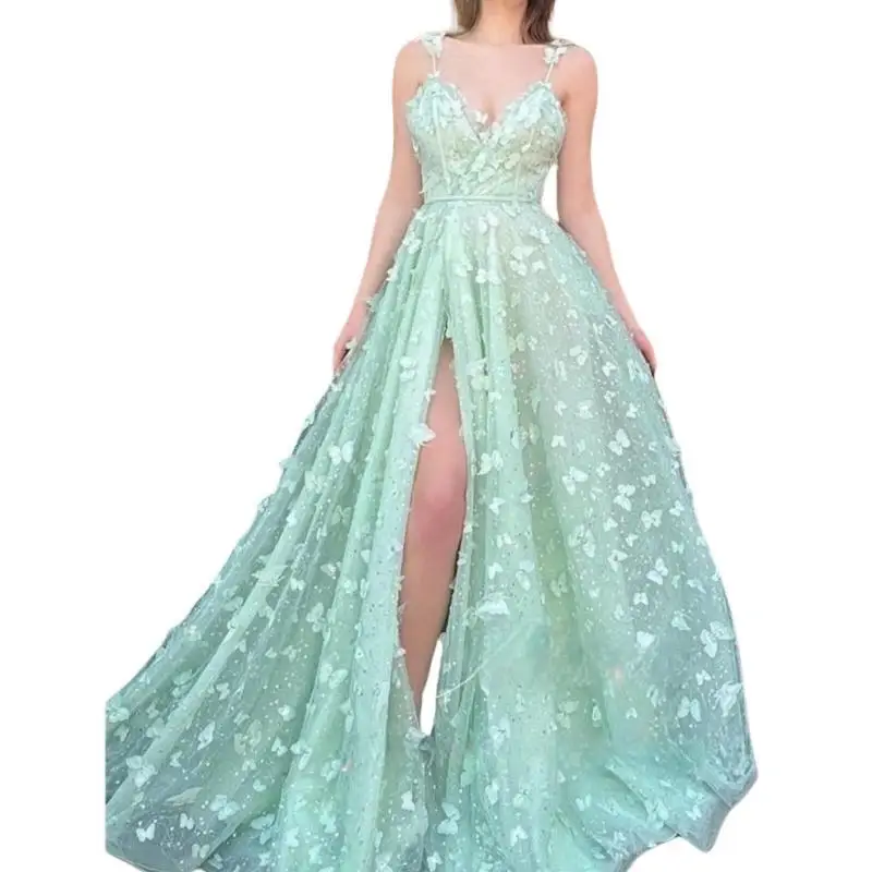 Charming Mint Green 3D Butterfly Prom Party Dresses V Neck Backless Side Split Formal Occasion Dress Girl Homecoming Evenings