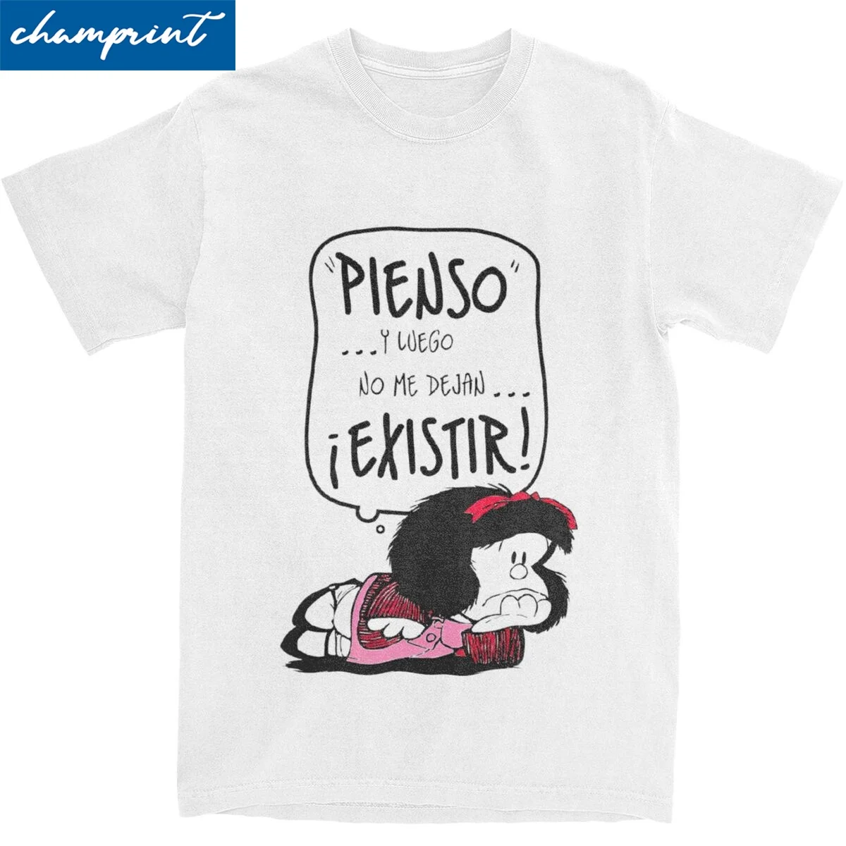 Vintage Pienso Mafalda T-Shirt Men's Round Neck Short Sleeve Top Tee Cotton Clothing