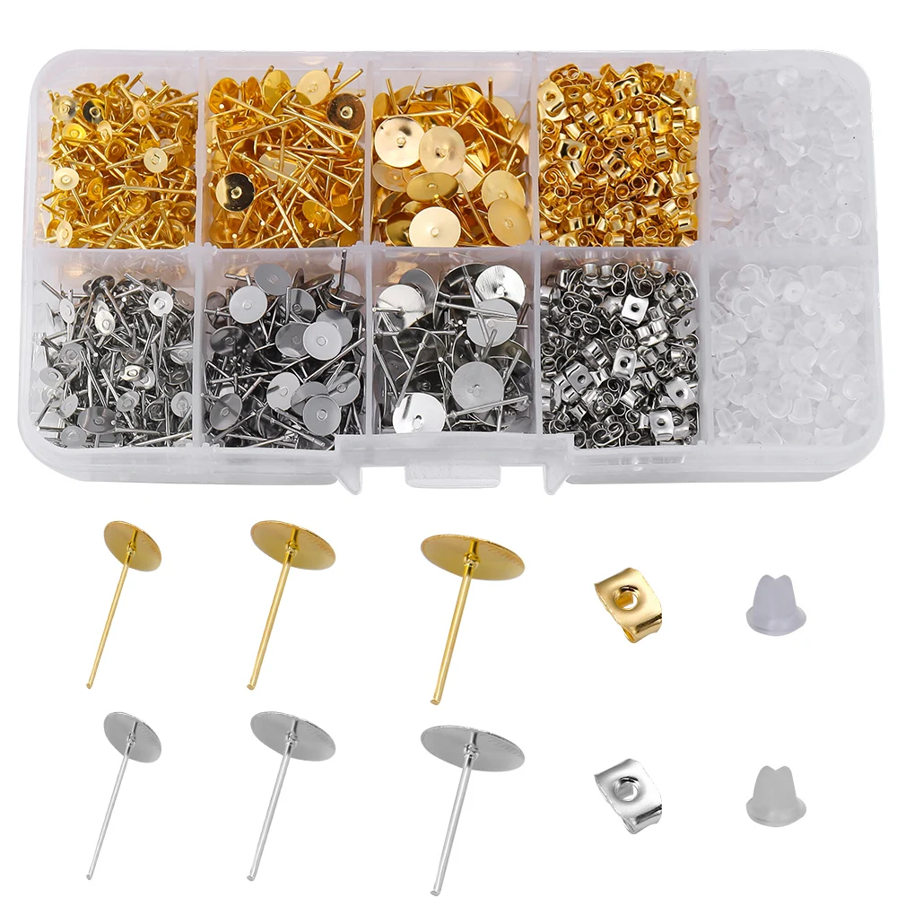 1400 teile/schachtel Blank Post Ohrring Bolzen Basis Pins Box Flache Runde Tablett Basis Ohr Zurück Für DIY Schmuck Machen Kits Ohrring zubehör