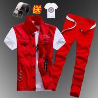 2pcs Set Mens Boys Casual Denim Vest Sleeveless Waistcoat +Jeans Pants Trousers for Summer Autumn Spring Free Send Tshirt Belt