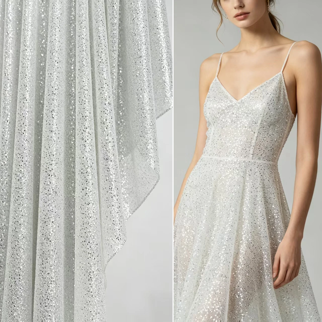 

Mistlace Glamorous Glitters Tulle Sparkle Full Glitter All Over Silver Sequins French Mesh Lace Bridal Fabric for Wedding#09