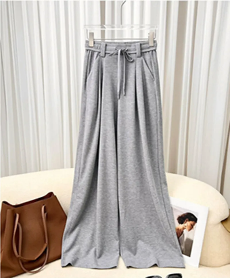 Autumn New Knitted Blended Loose Dose Drawstring Wide Leg Sports Pants for Women