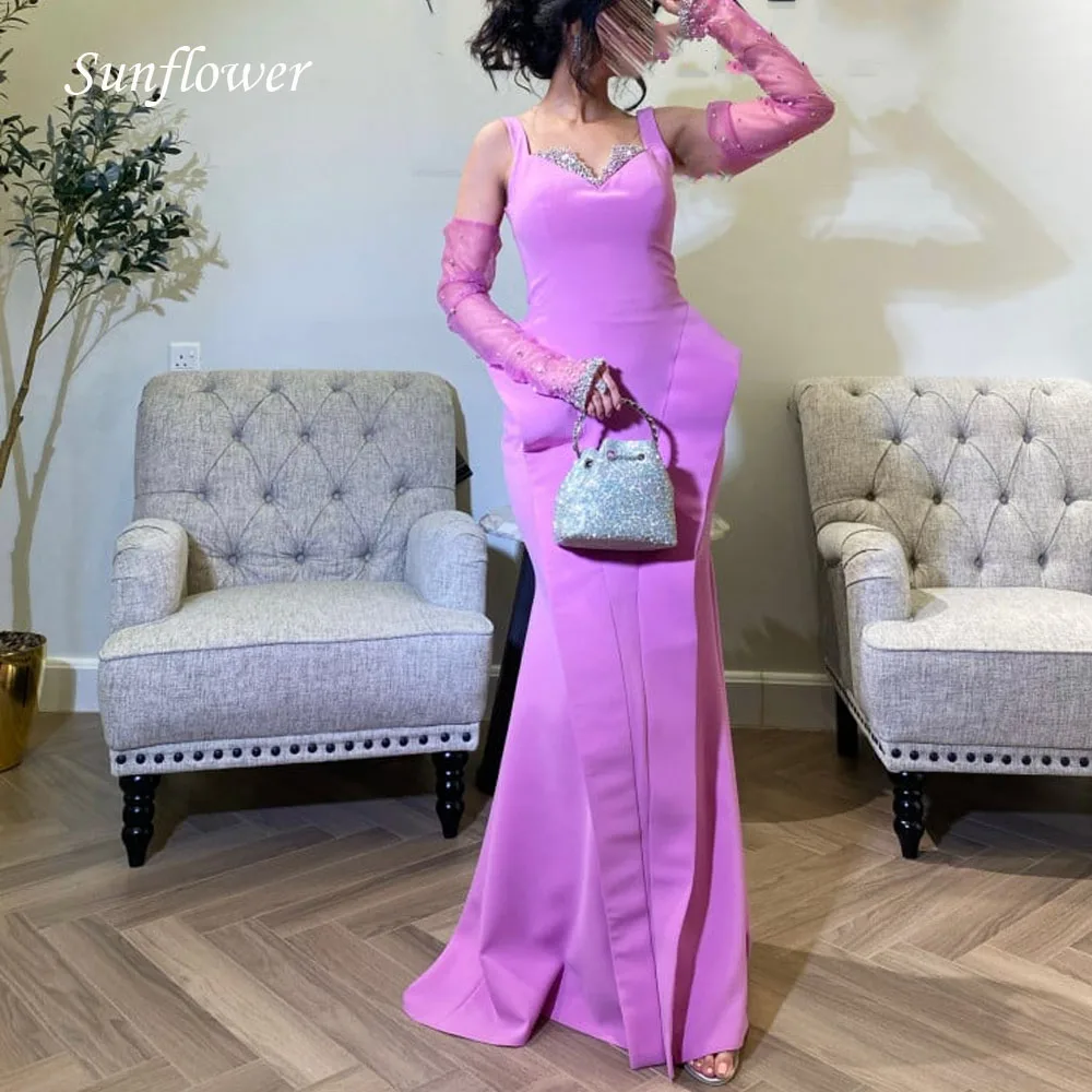 

Sunflower Simple V-Neck Formal Evening Dress 2023 Slim Lace Long Sleeves Floor-Length Crepe Mermaid High-end Custom Prom Gowns