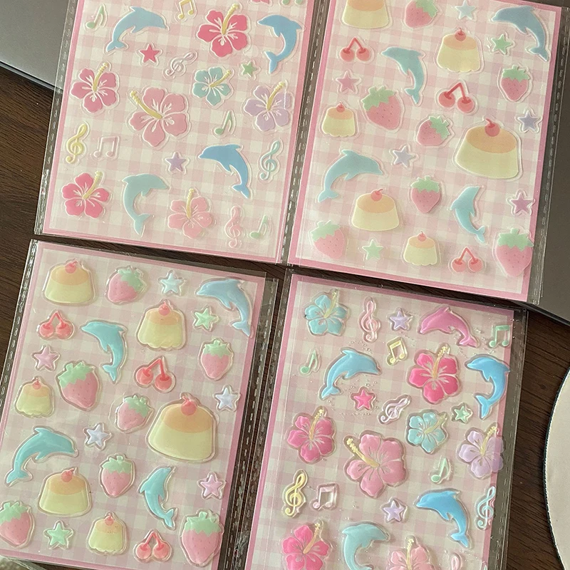 Pegatinas Decorativas 3D Estéticas para Fundas de Teléfono y Vasos, con Diseños de Fresa, Hibisco Chino y Delfín, Adhesivas