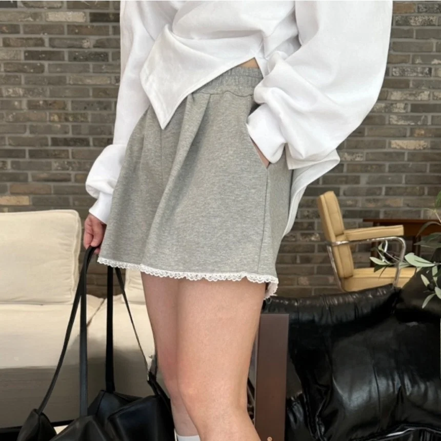 Losse elastische taille casual broek dames chique lente zomer nieuwe sle klein formaat afslankende kanten rand hot girl ort ort orts