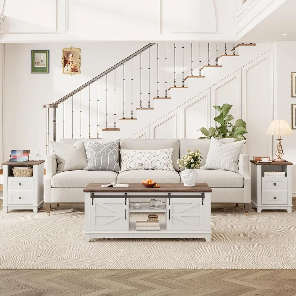 منضدة مع قاعدة شحن، وطاولة جانبية للمزرعة مع درج تخزين بطبقتين ومكعب خشبي مفتوح لغرفة النوم والمكتب، Wh