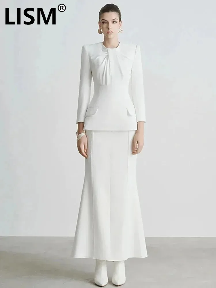 

Women's 2 Pcs Set O-neck Pleated Shoulder Pad Waist Cross Top Solid Color Slim Elegant Skirt Suit Spring 2024 New 13DB3880