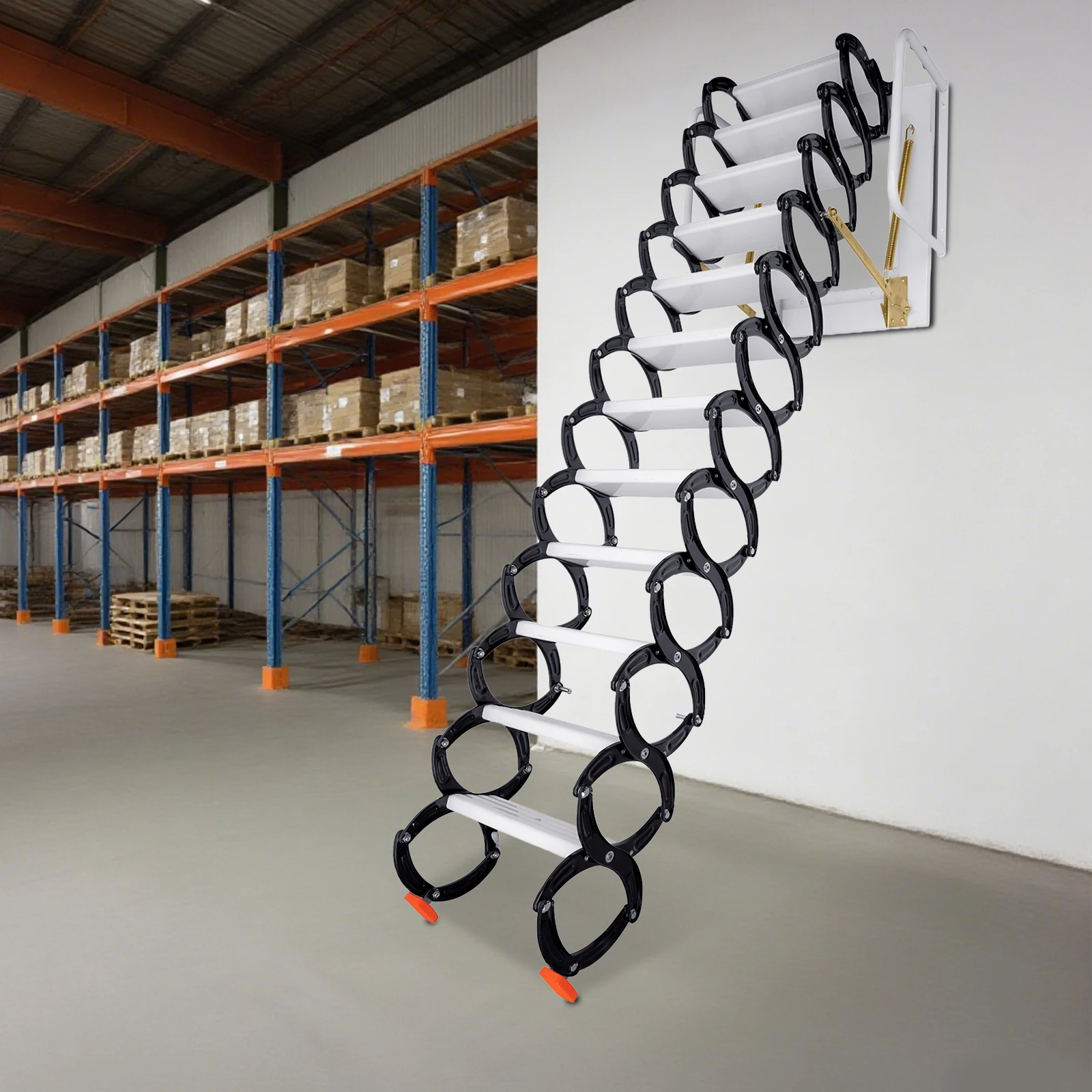 12-Step Wall-Mounted Folding Attic Ladder with 882LB Capacity & Pull-Down System, Space-Saving for Home/Garage