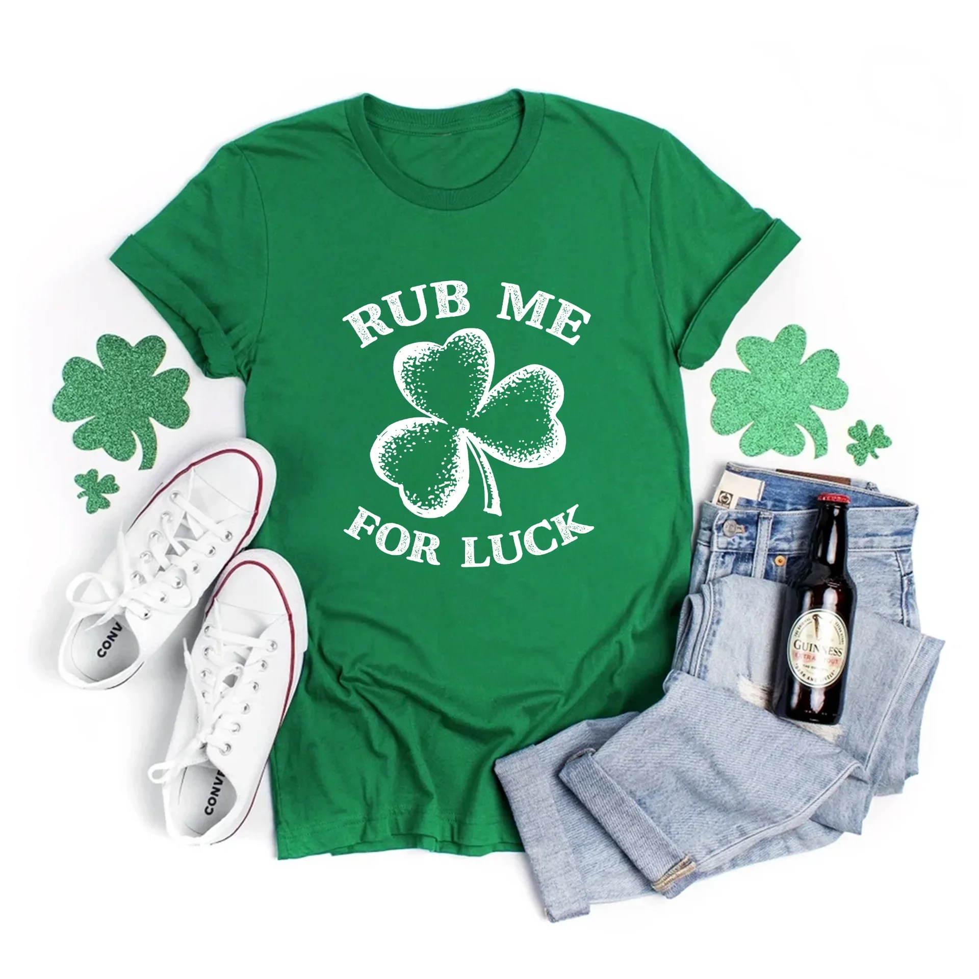 Lucky Irish Shamrock Print T-Shirt for Women St Patricks Day Tops Green Funny Face Graphic Tee Holiday Female Streetwear