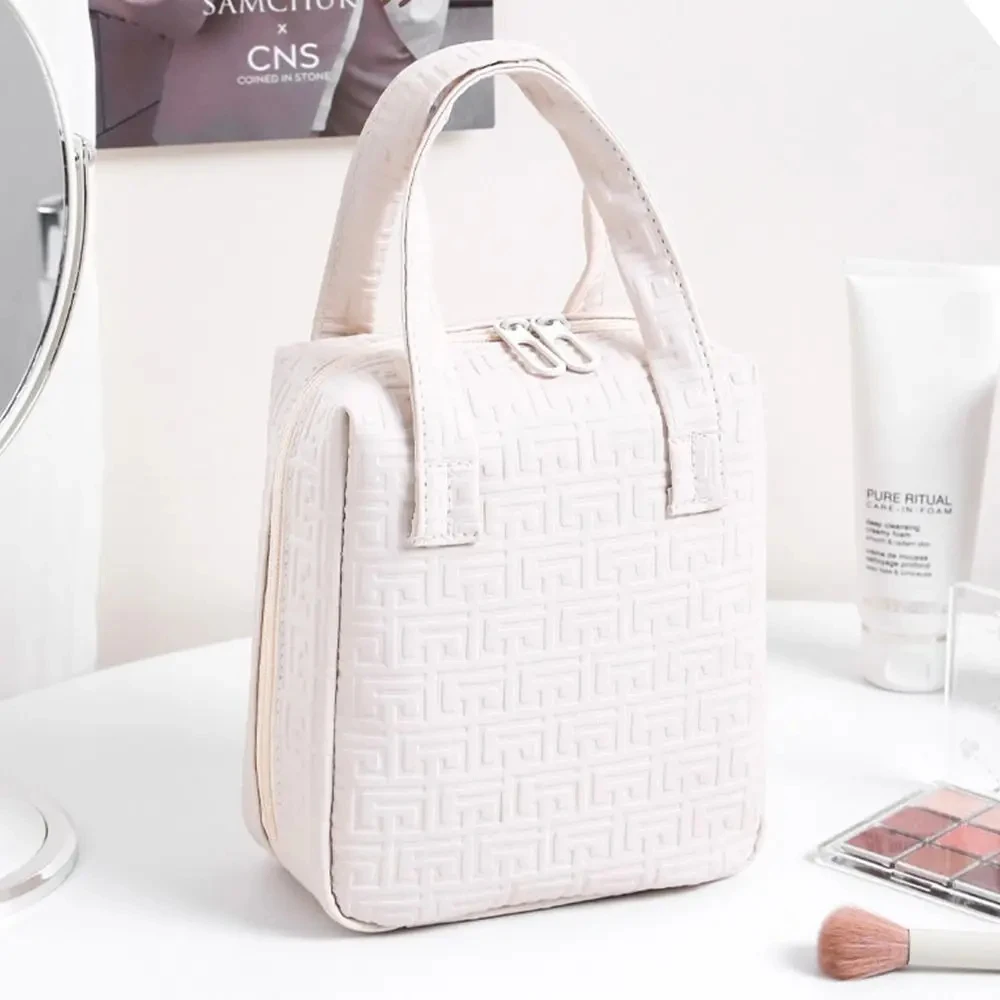 Bolsa de viaje multifuncional para cuidado de la piel, bolsa de cosméticos de cuero PU, bolsas de almacenamiento impermeables de alta capacidad con asa, organizador de maquillaje