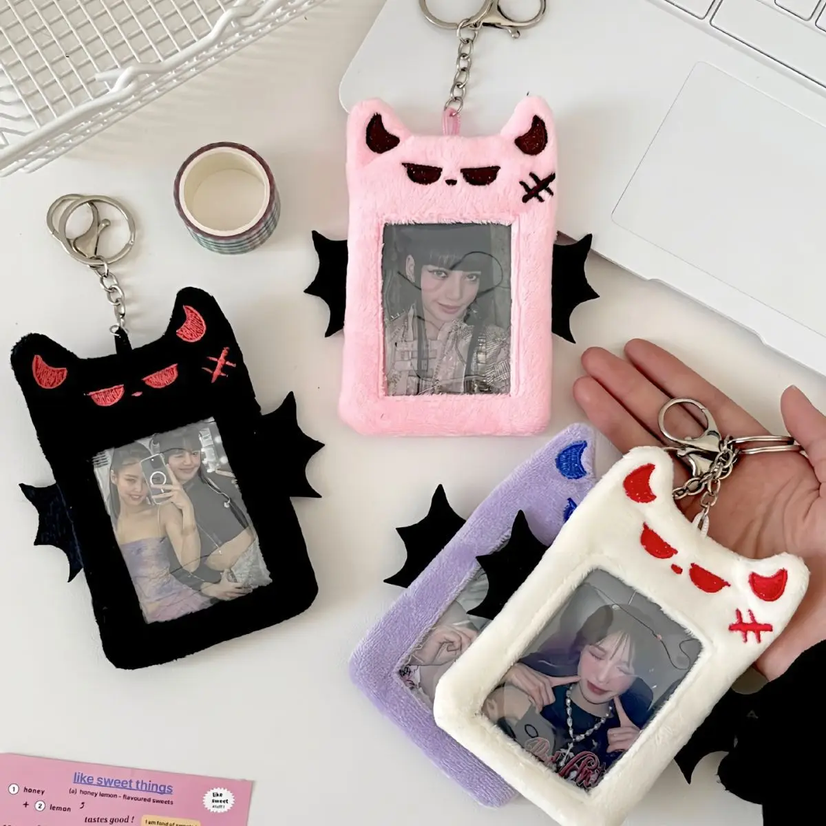 INS Cartoon Plush Photocard Holder Bat/Devil 3 Inch Idol Photo Protector Student ID Credit Card Case Bag Pendant Stationery