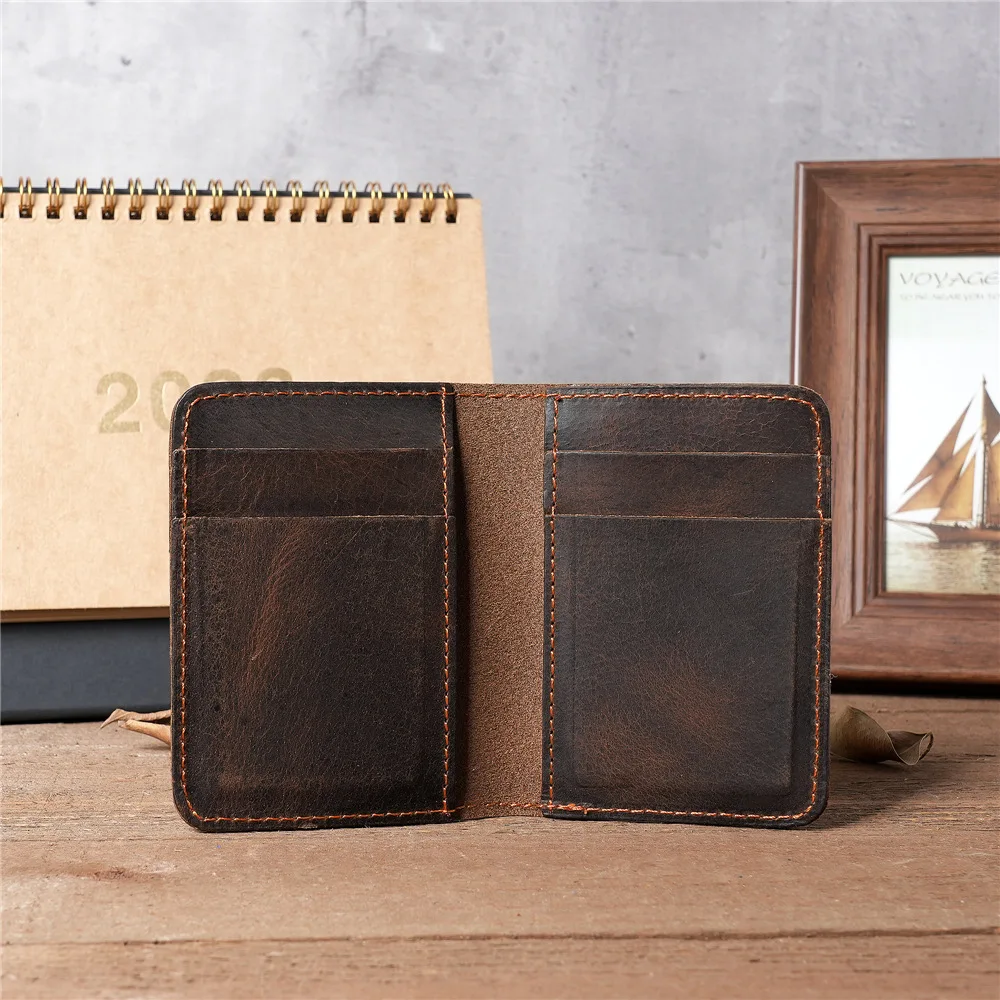 

Vintege Genuine Leather Men's Real Pickup Bag Crazy Horse Leather Driver's License Clip Retro Brown Coffee Color Simple