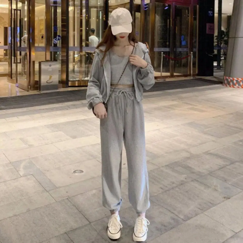 Women Casual Top Trousers Set Women's 3-piece Fall Tracksuit Set with Sleeveless Vest Hooded Long Sleeve Coat for Daily