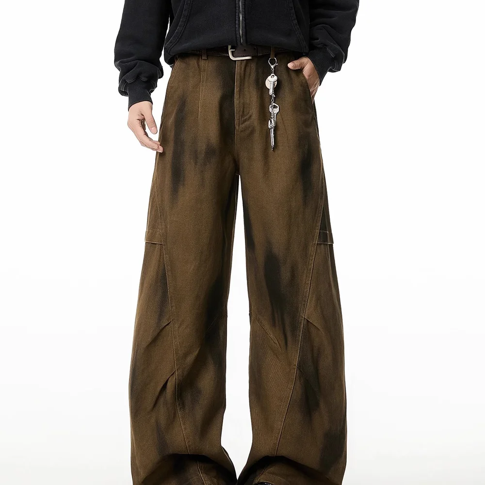 الأمريكية الرجعية غسل الجينز Scimitar عارضة الرجال العلامة التجارية العصرية مطوي فضفاض واسعة الساق العمل السراويل