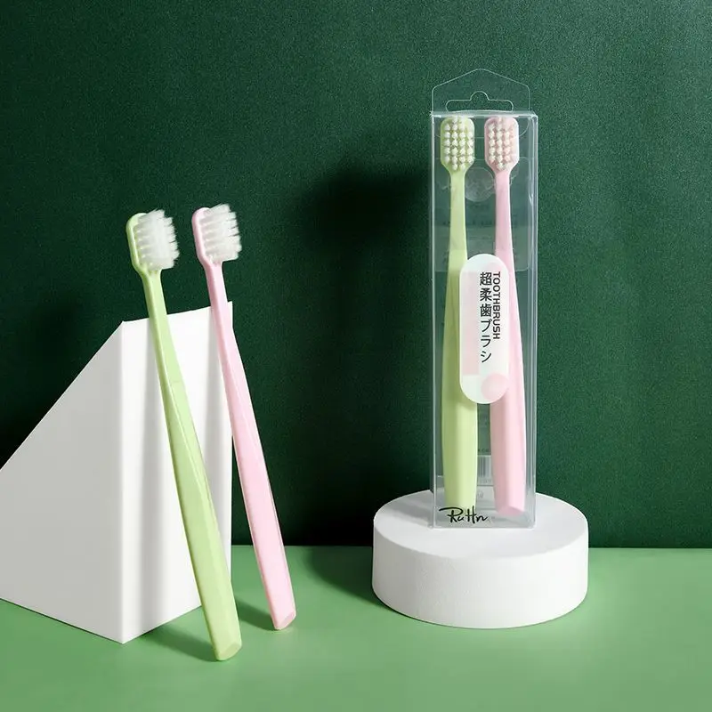 New Wide Head Adult Couple Toothbrush Two Pack Household Tooth Guard Soft Brush Pink And Green Triangular Anti Slip Brush Handle