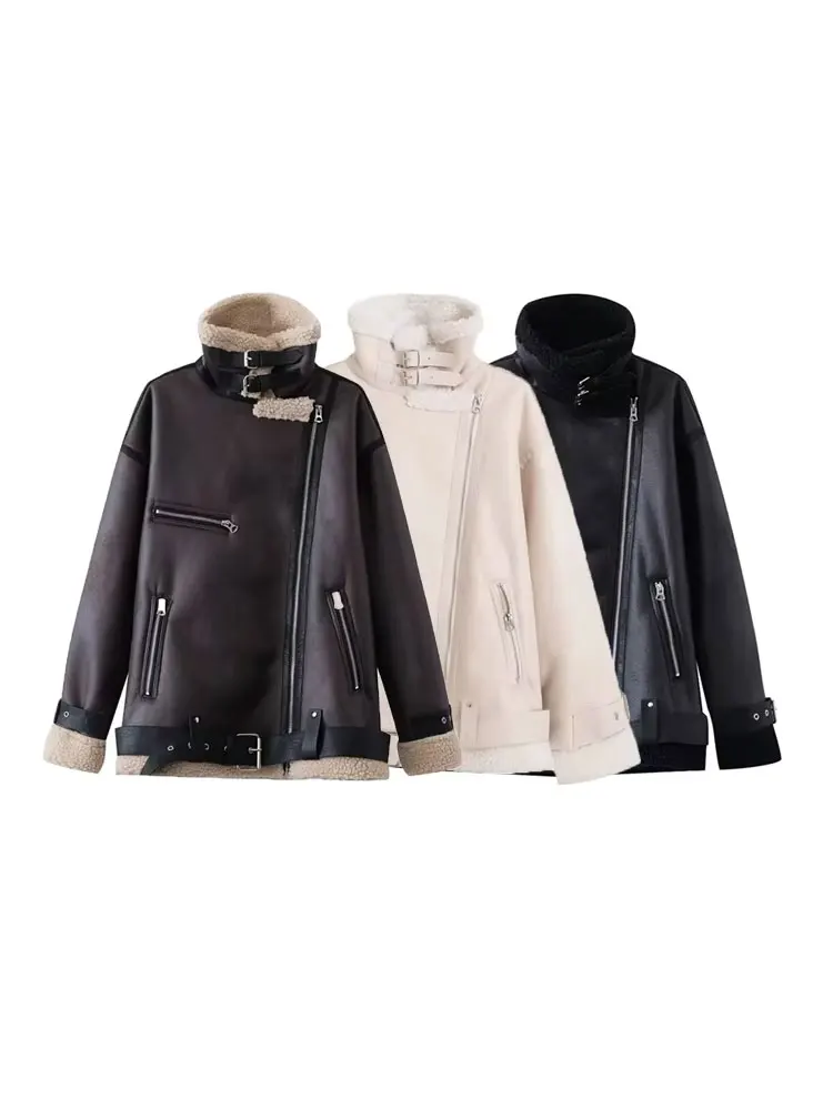 

GELITAYIN TRZA-Faux Suede Leather Jacket For Women, High Neck, Long Sleeve, Female Outerwear, Chic Tops, Thick And Warm, Fashion