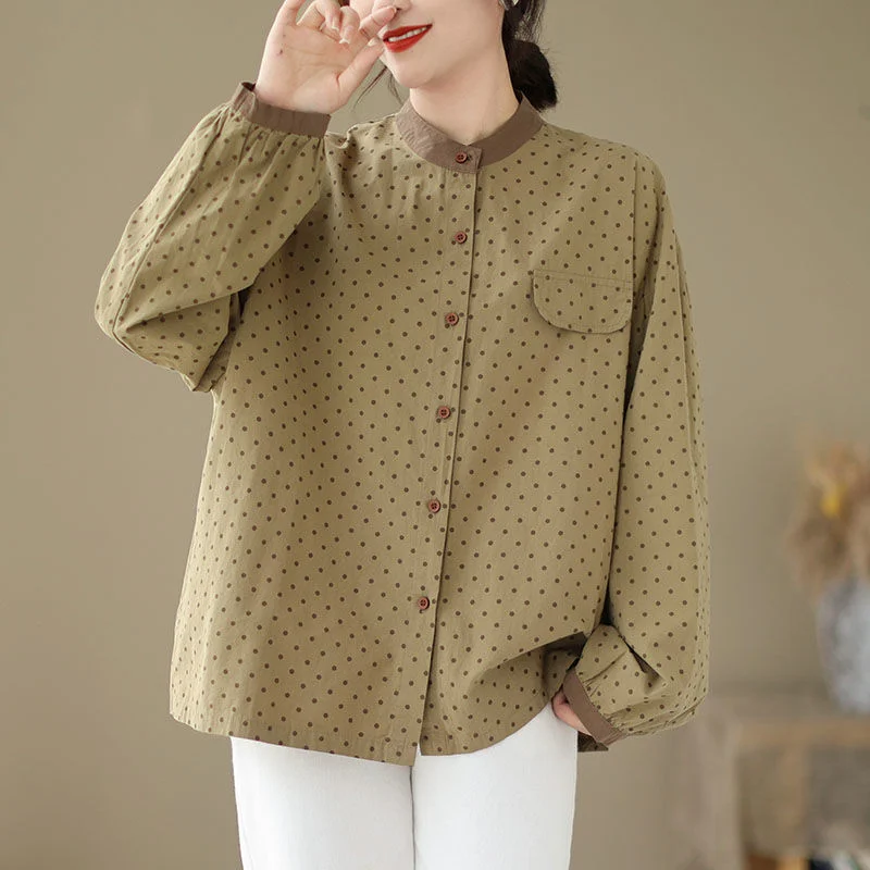 Fashion New Contrasting Color Harajuku Style Loose Pocket Polka Dot Cotton Stand Collar Long Sleeve Shirt for Women