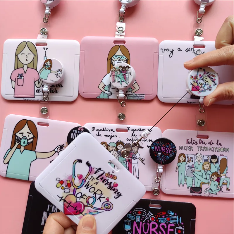 Doctor Nurse Cute Name ID Badge Holder Hard Case with Neck Lanyard Bus Card Holder Keychain Strip Set for Nurse Name Card Case