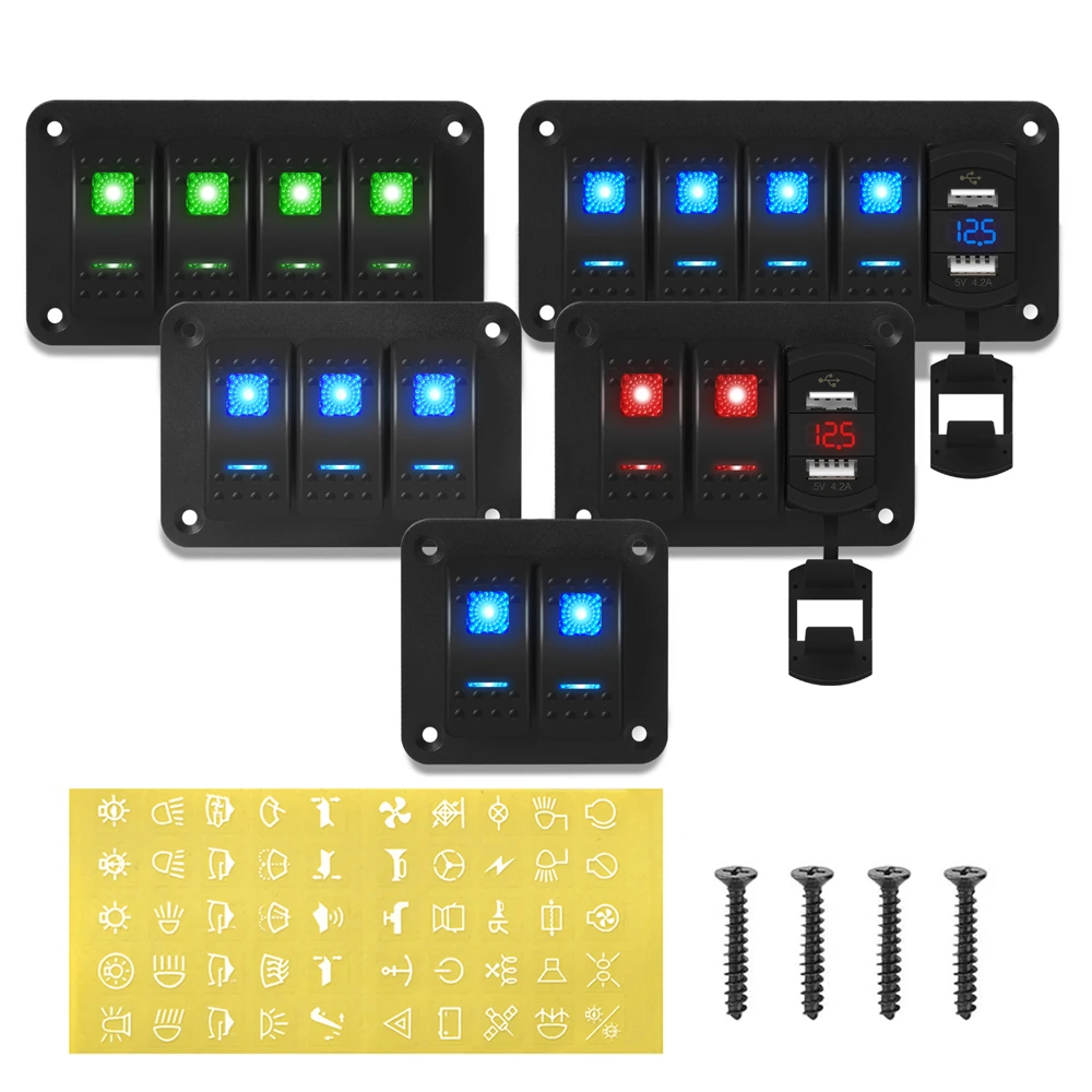 2 3 4 5 6 8 Gang Pannello interruttori marini impermeabili 12V con presa per caricatore doppio USB 4.2A Voltmetro digitale LED per camion RV Barca