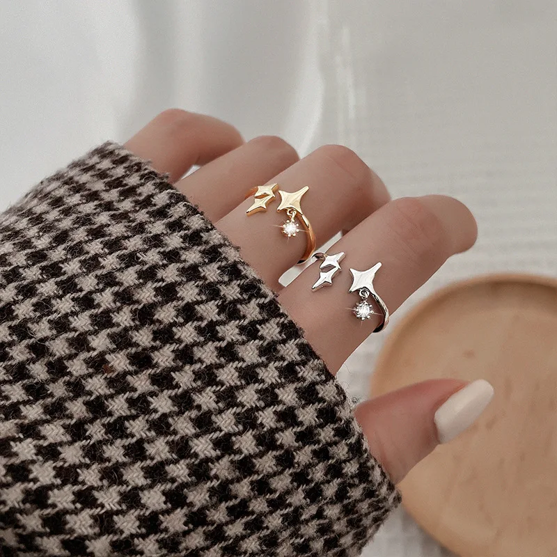 PANJBJ 925 Sterling Silber Vierzackiger Stern Glänzender Zirkon-Ring Hochwertiger Personalisierter Verstellbarer Schmuck – Detail 30