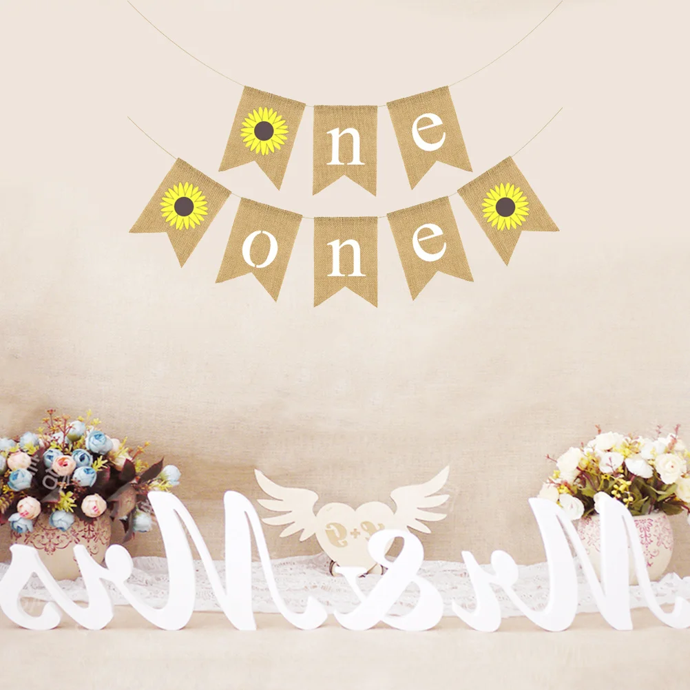 

2Set Sunflower Linen Banner Swallowtail Bunting Flag Baby First Birthday Party Decoration Hanging Garland Supplies