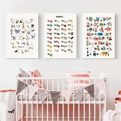 Russian ABC Alphabet Wall Art Poster Baby Nursery Animals Letter Canvas Painting Language Educational Picture Kids Room Decor