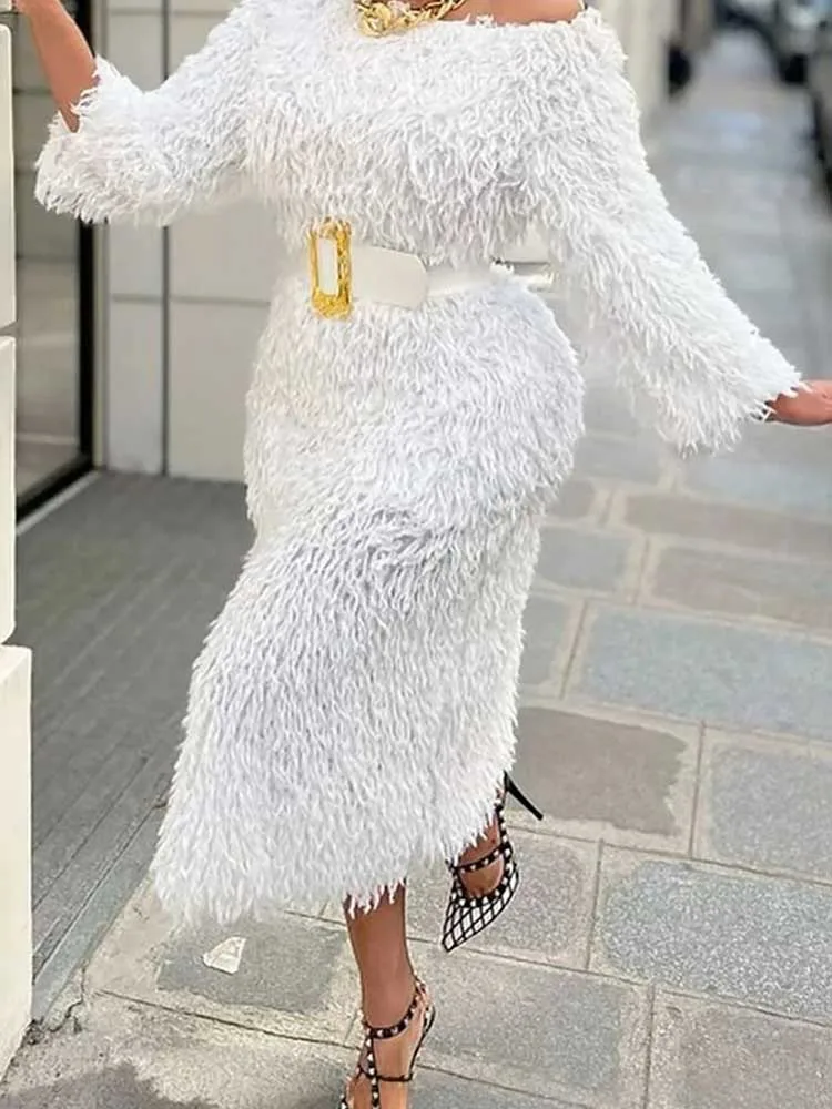 Vestido de noite de inverno feminino manga longa fora do ombro branco vestidos elegantes com cinto chique vestido de pele sintética atacado dropshipping