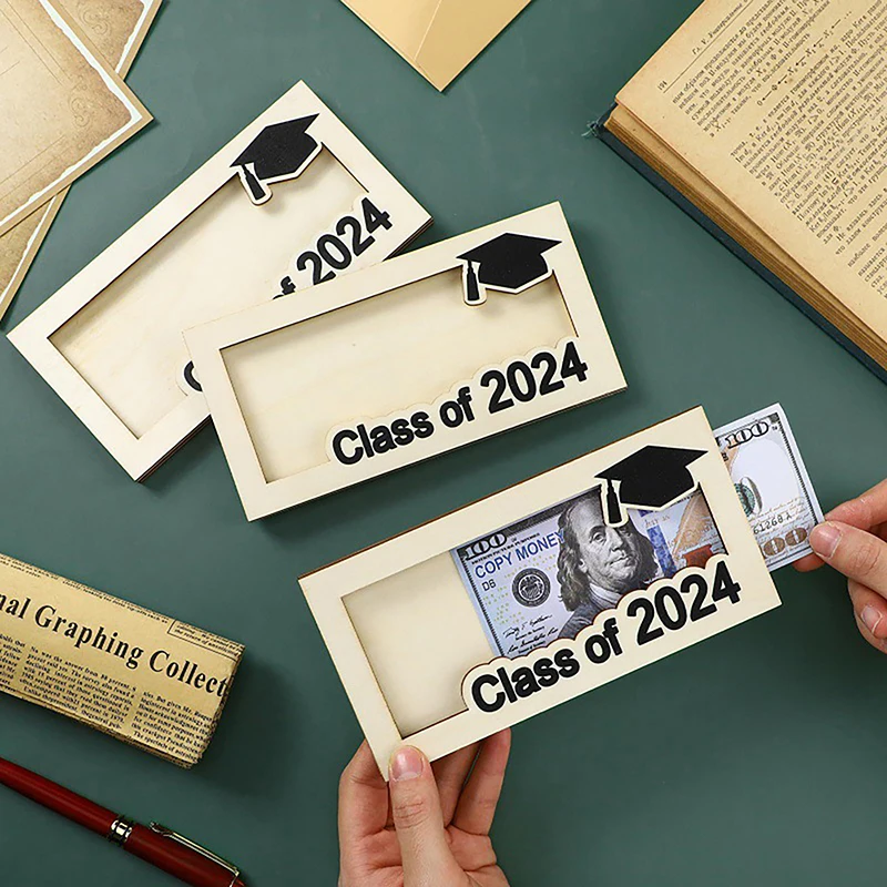 Caja de tarjeta de graduación para hombre y mujer, soporte de madera para efectivo, regalo de graduación, recuerdo de fiesta, Festival familiar, colocación de dinero, 2024