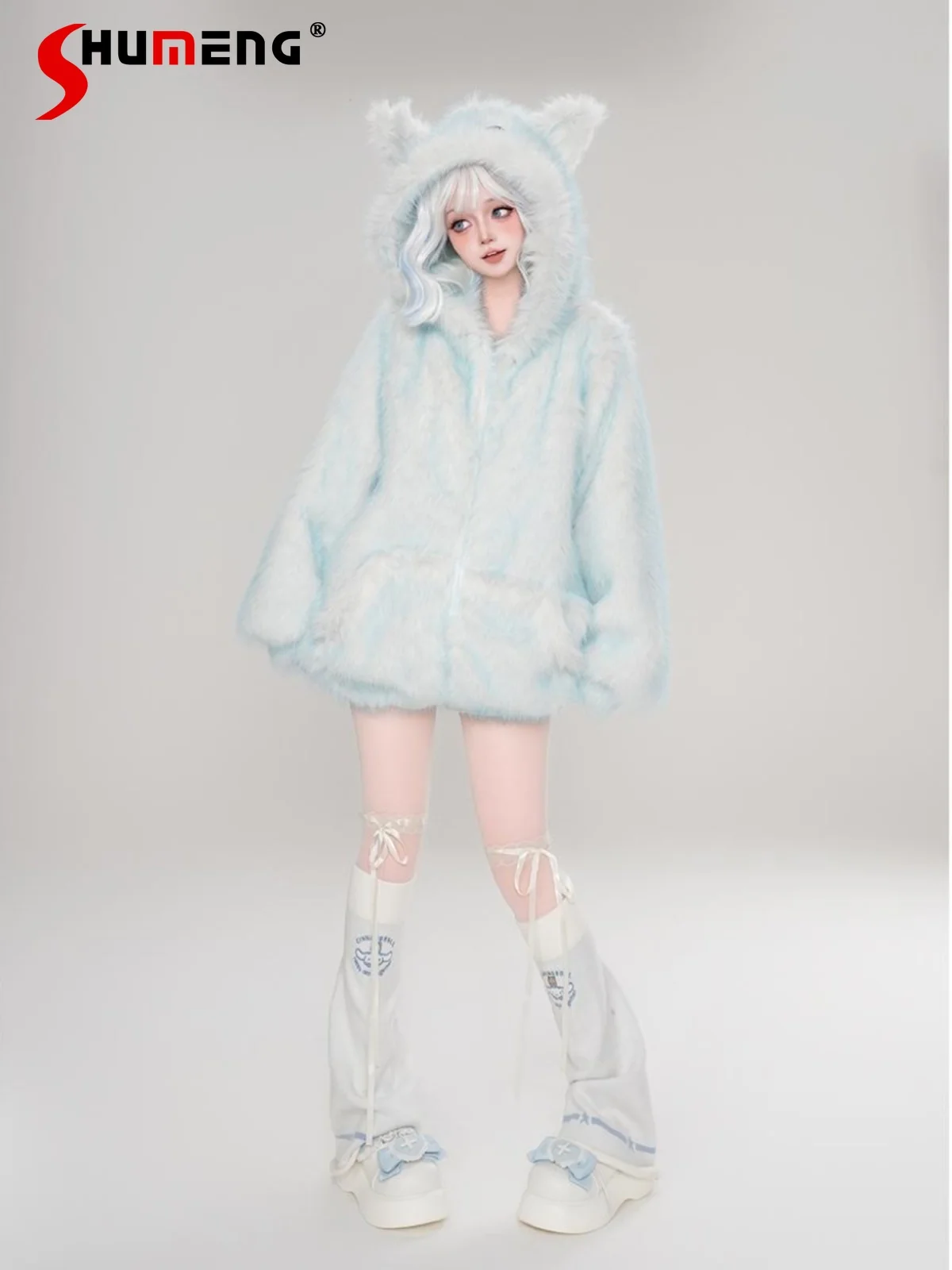 

Japanese Kawaii Thick Plush Jacket Sweet Cute Embroidered Ears Hooded Zipper Loose Casual White Warm Cotton Jacket Women Winter