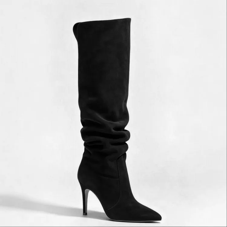 2026 Women's Autumn and Winter Slim High Heels Over The Knee Boots, Pointed Pleated Pile Boots, Fashionable Women's Thigh Boots