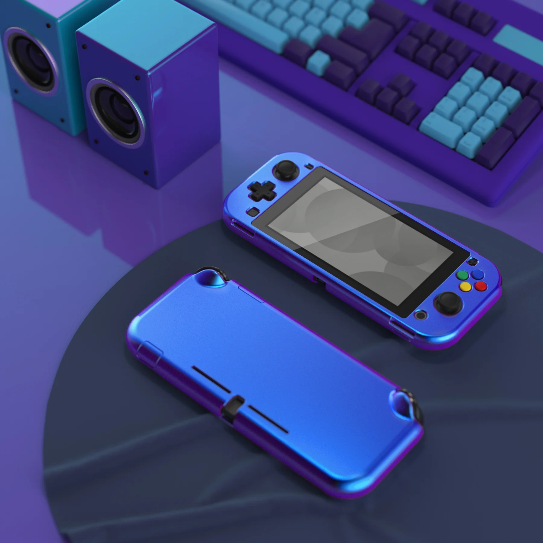 PlayVital 닌텐도 스위치 라이트용 투명 보호 케이스, 화면 보호기 및 엄지 그립 포함, 클리어 아토믹 퍼플 로즈 레드