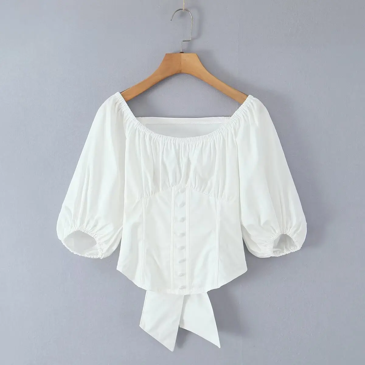 Dave&Di French Fashion Ladies Lazy Country Style White Cotton Waist Shirt Minimalist Retro Bow Tie Blouse Top For Women