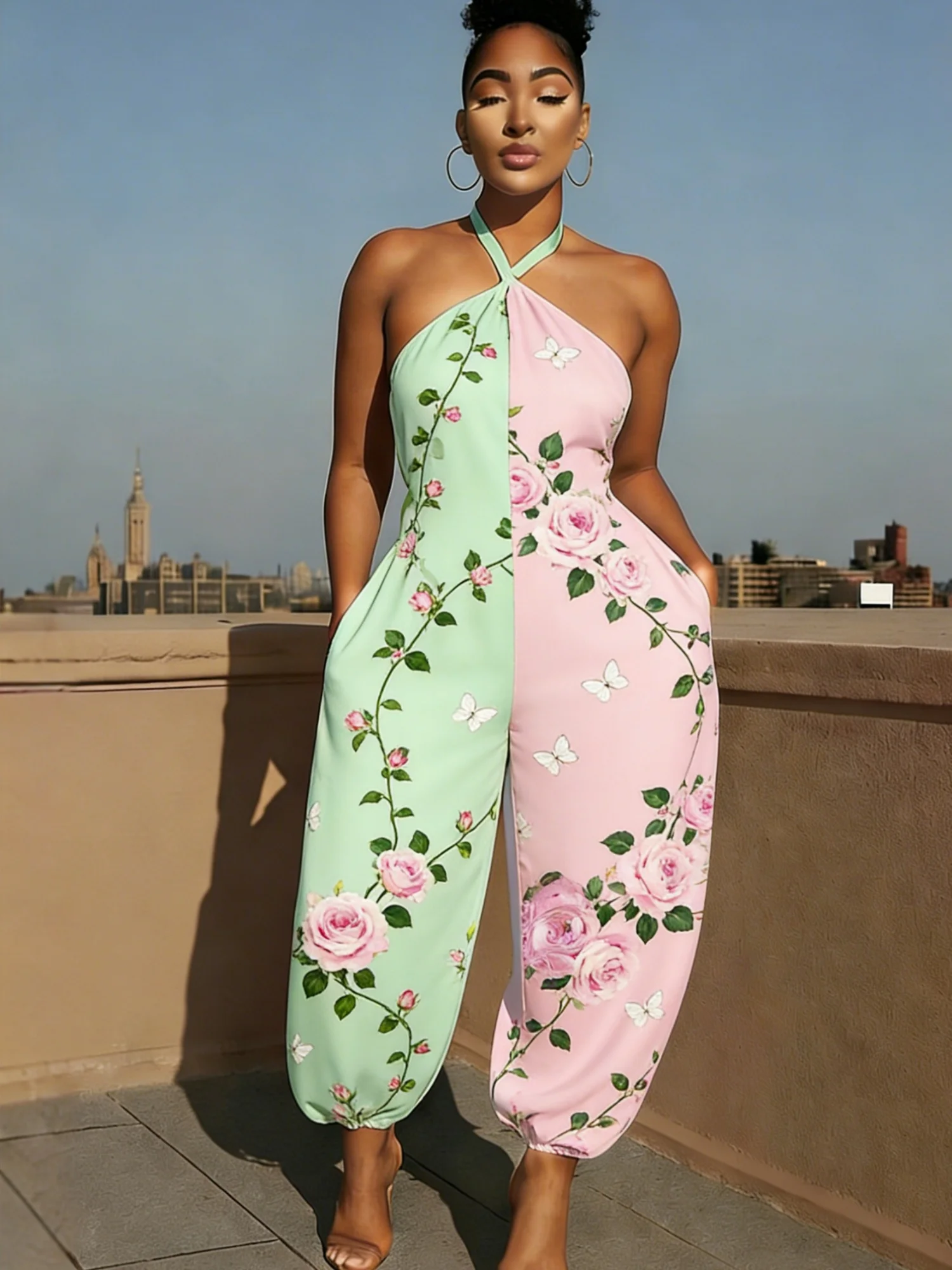 Women's Sweet Rose Floral Butterfly Print Color Block Halter Jumpsuit Sleeveless Backless High Waist Outfit for Dating Vacation