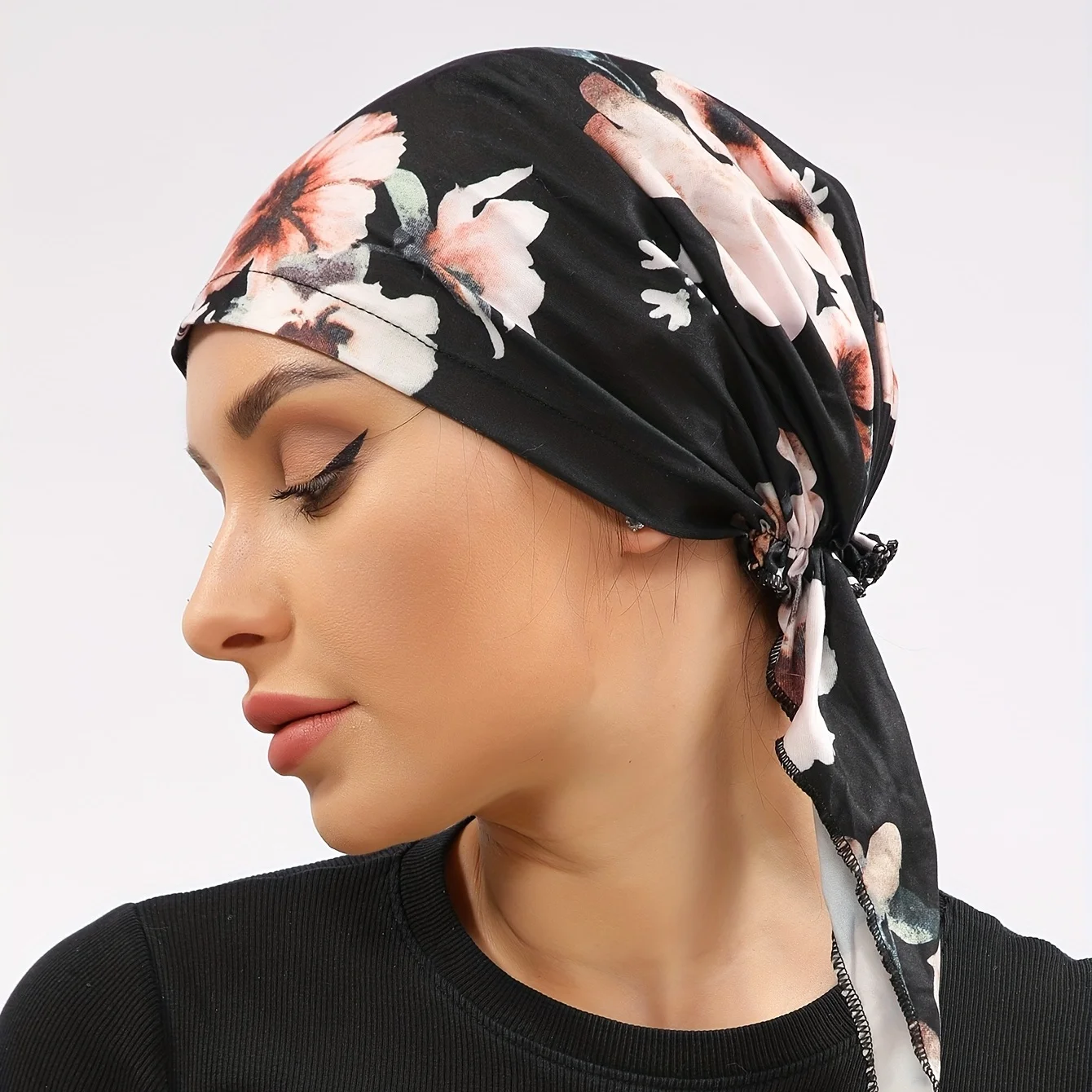 Womens Muslim Hijab Cancer Chemo Flower Black Print Hat Turban Cap Hair Loss Head Scarf Wrap Pre-Tied Headwear Strech Bandana