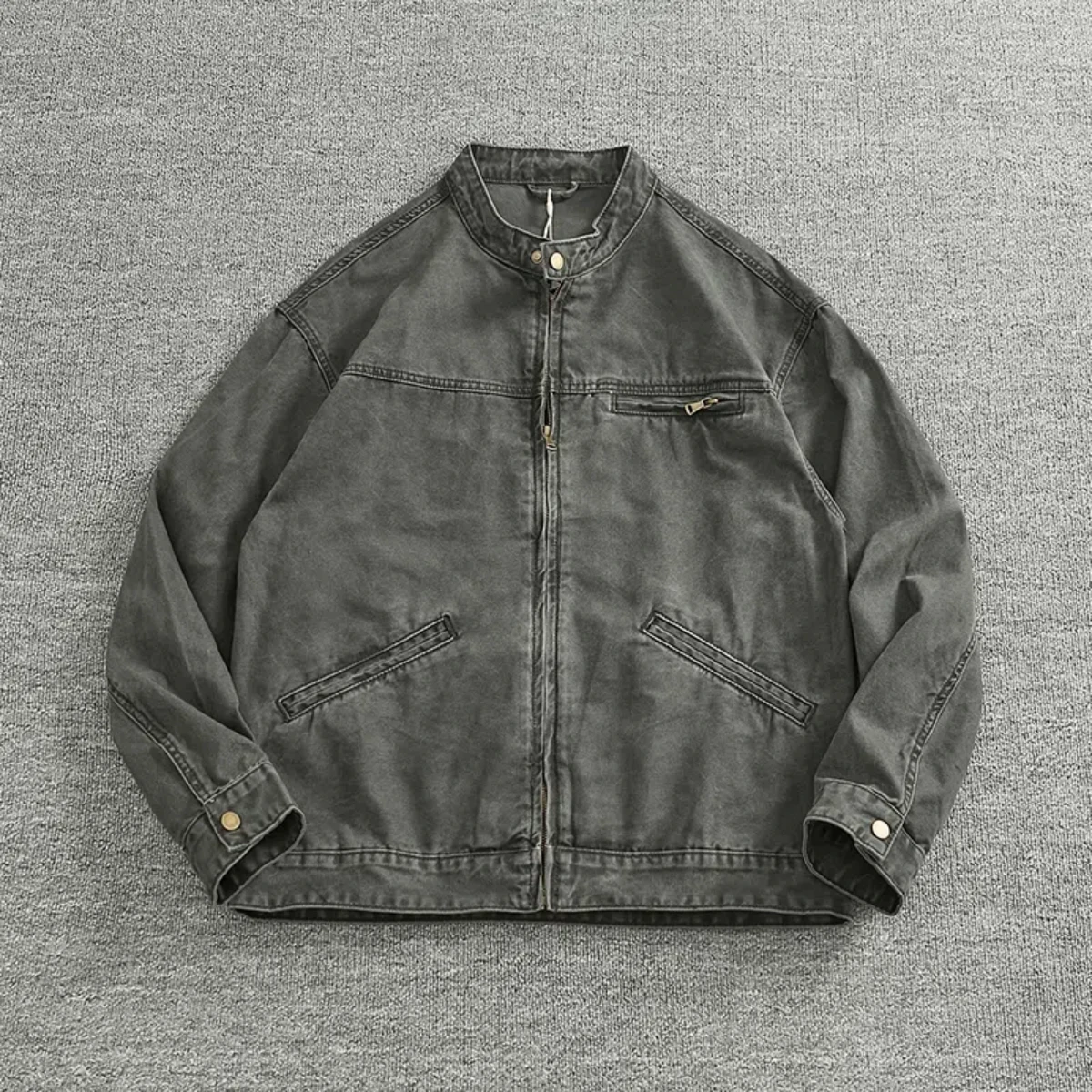 Vertical collar button-down tooling biker jacket men's texture granular bead canvas woven vintage casual Detroit jacket