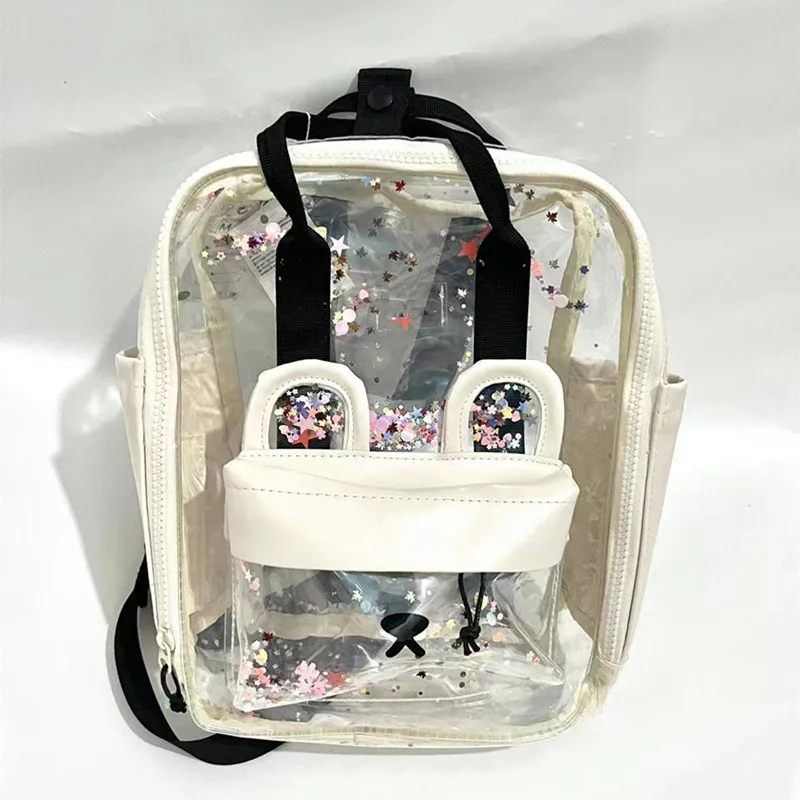 New Beige Transparent Sequins Dog Ears Children\'s Backpack Little Girls Sequins Star Backpack