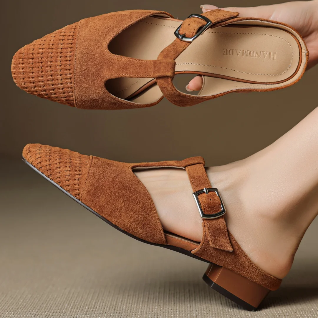 

Women's natural suede leather metal buckle t-strap slip-on flats summer slides sandals round toe casual female daily mules shoes