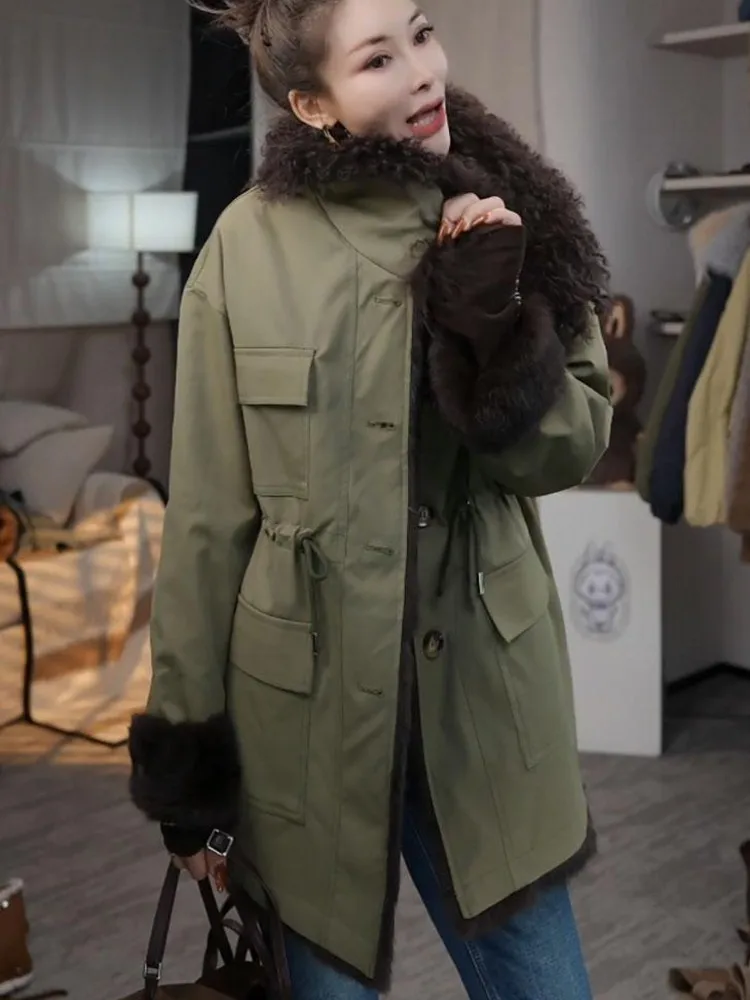 Winter Women Fashion Down Coat Warm Big Fur Collar Casual Overcoat High Street Lady Drawstring Waist Cinching Medium Long Jacket