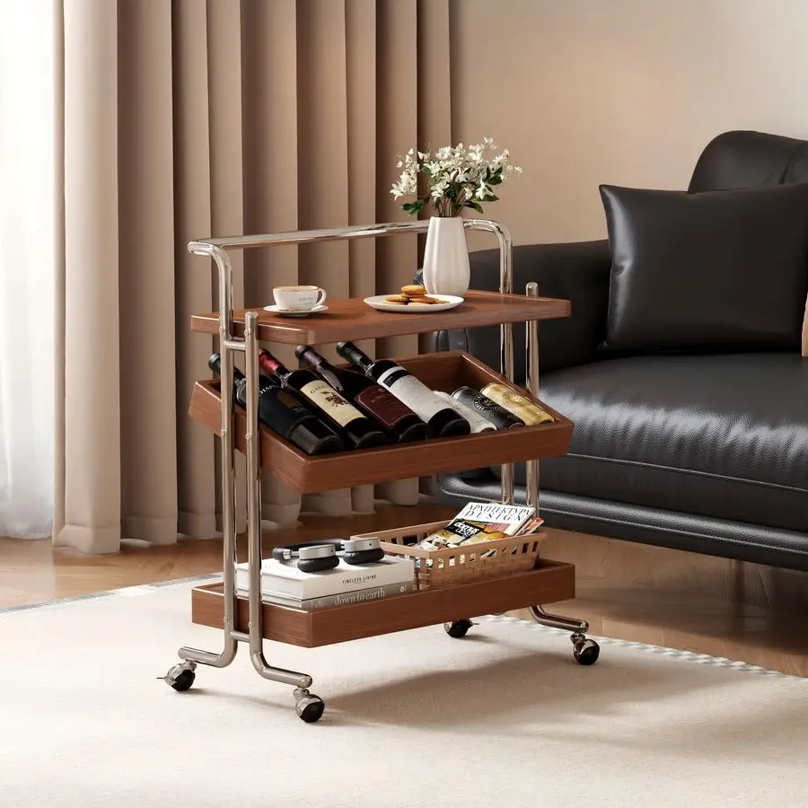 

Wood Rolling End Table Cart with Adjustable Storage 3Tier Stainless Steel Fame Side Table on Wheels Narrow Bedside Storage Table