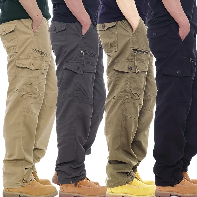 Simple cotton overalls men's casual pants elastic waist plus size  multi-pocket slacks site