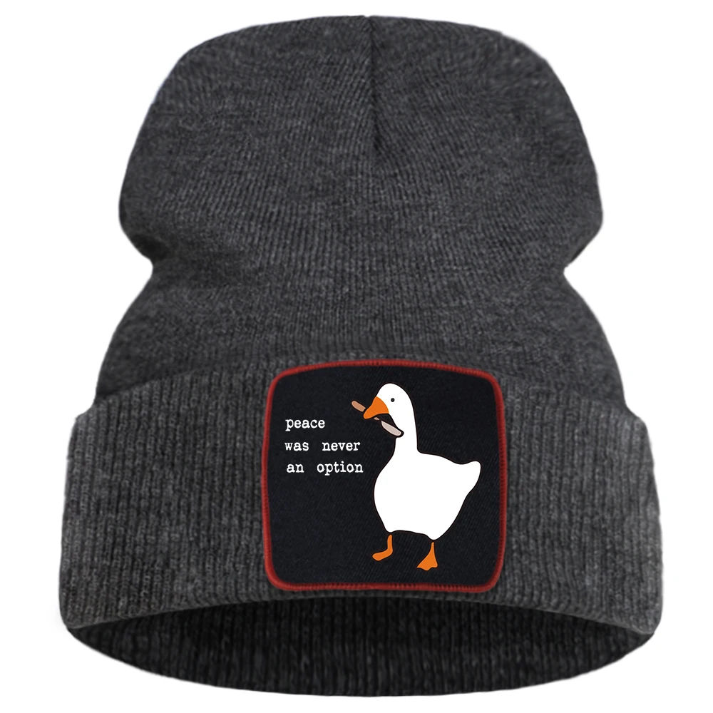 Peace Was Never An Option White Goose Holding A Knife Print Male Bonnet Trend Harajuku Warm Balaclava Hair Care Mens Knitted Hat