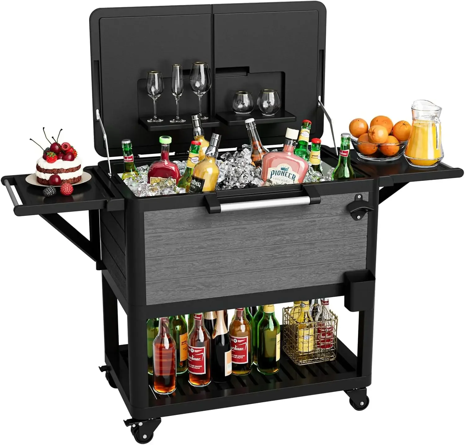 104 Quart Patio Rolling Ice Chest Cooler Cart with Wheels, Portable Mobile Outdoor Coolers Bar Cart with Storage Shelf & Bottle