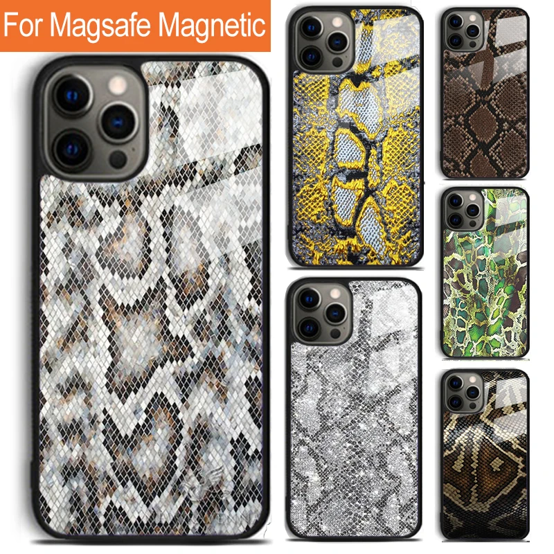 Snake Skin print Phone Case For iPhone 16 15 14 13 12 11 Pro Max Plus Magsafe Magnetic Wireless Charging Cover