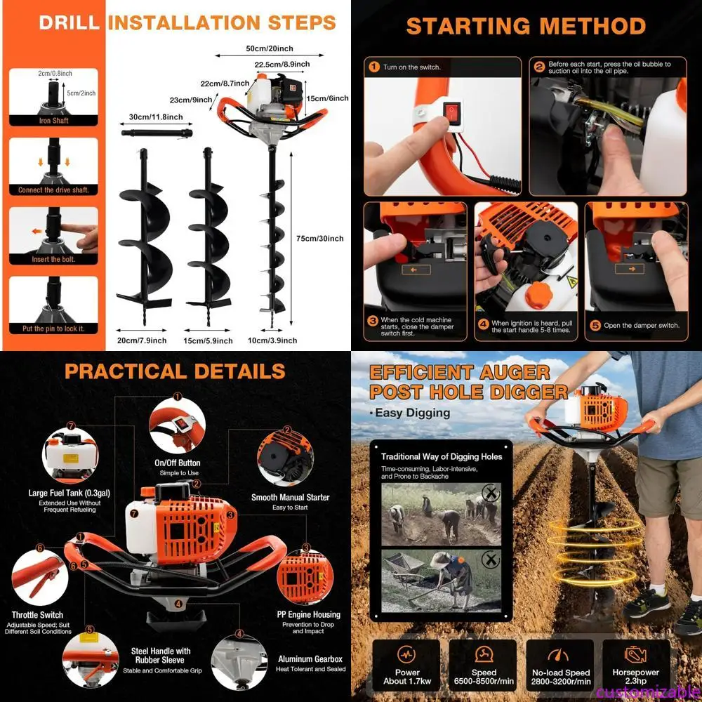 

Комплект двухтактного шнекового экскаватора 52CC со шнековыми насадками 4 6, и 8 дюймов для сверления забора и заземления