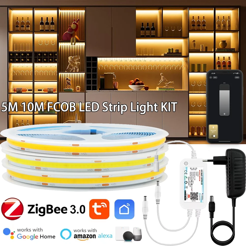 Tuya Zigbee 3.0 COB LED Strip Light 12V 5M 10M Warm White Flexible Dimmable Light 320leds/m Home Decoration for Alexa Google